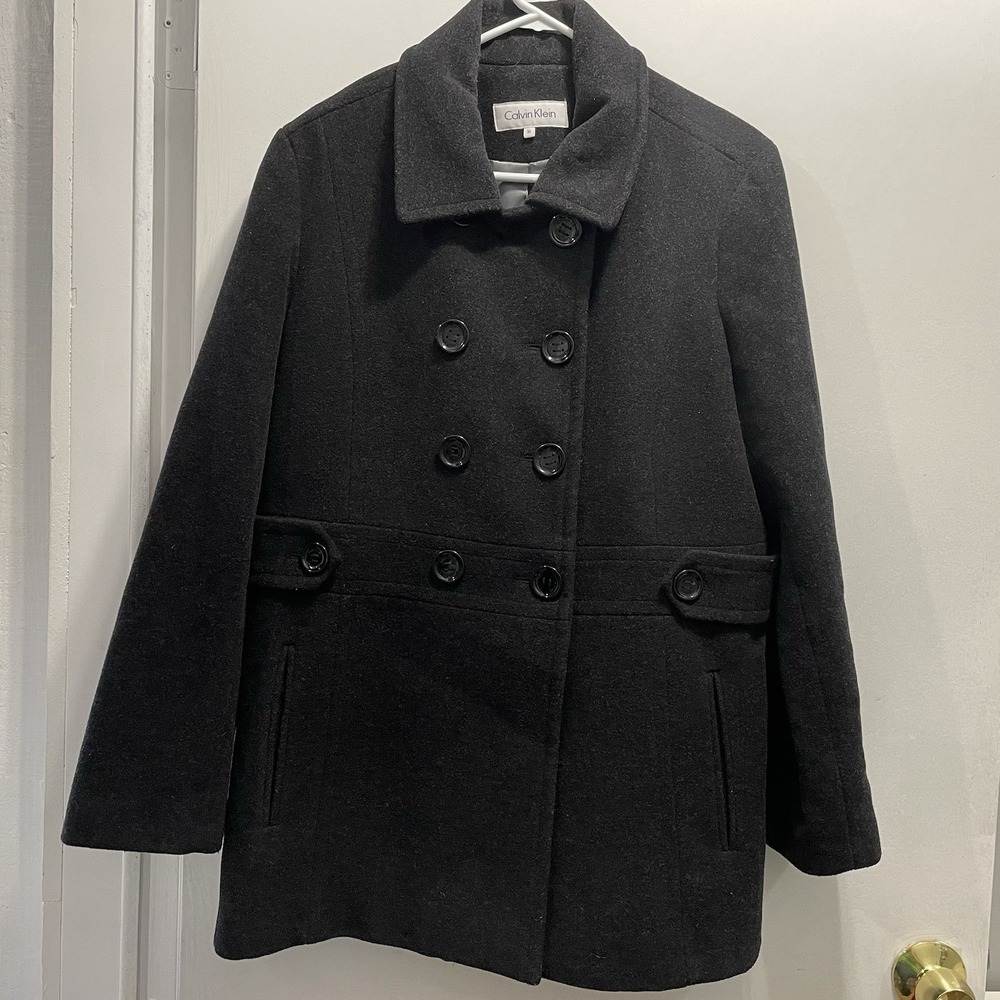 Calvin Klein Black Double Breasted Peacoat Wool Blend Sz 14 Woman's Coat